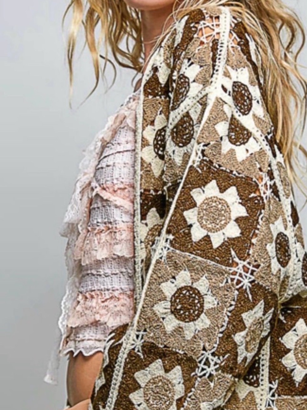 POL Boho Crochet Sunflower Cardigan in Brown & Cream